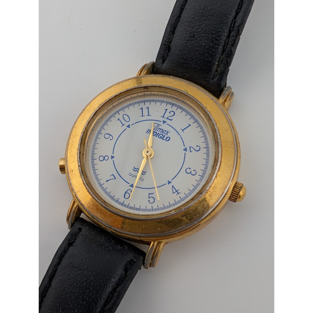 Vintage Timex Indiglo Watch Women 31mm Gold Case Leather Band- New Battery